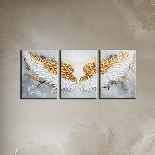 3pcs Abstract White Wings Golden Feather Design Metal Print Ready to Hang Art