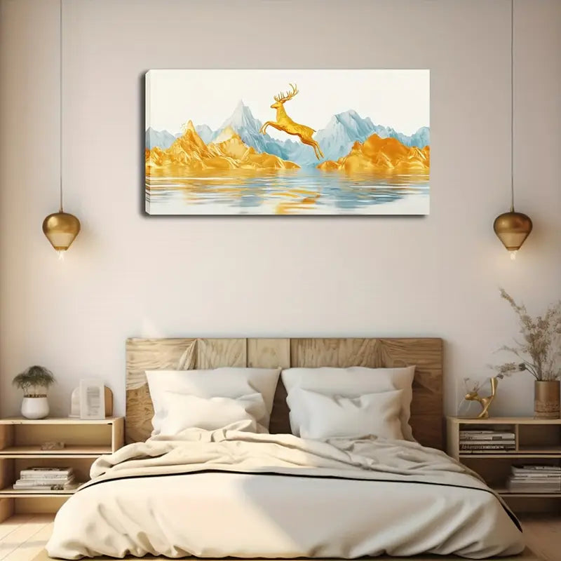 Majestic Golden Deer Jumping Wall Art Canvas Office Home Room Framed 120x60cm