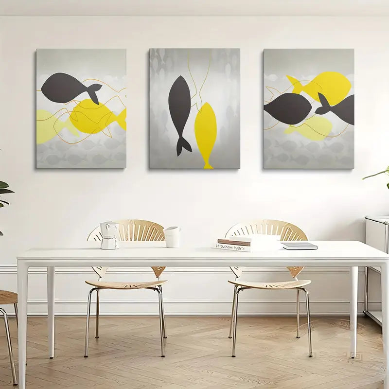 3pcs Geometric Fish Pattern Black and Yellow Metal Print Ready to Hang Art