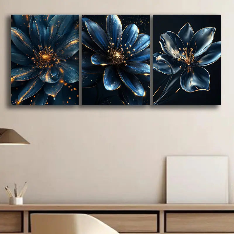 3pcs Blue and gold flower Metal Print Ready to Hang Art