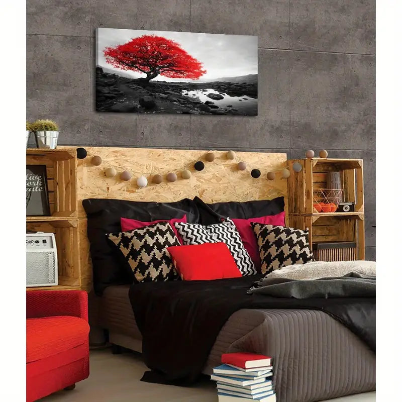 Black & White Nature Scenery Red TreeWall Art canvas office home room framed 120x60cm