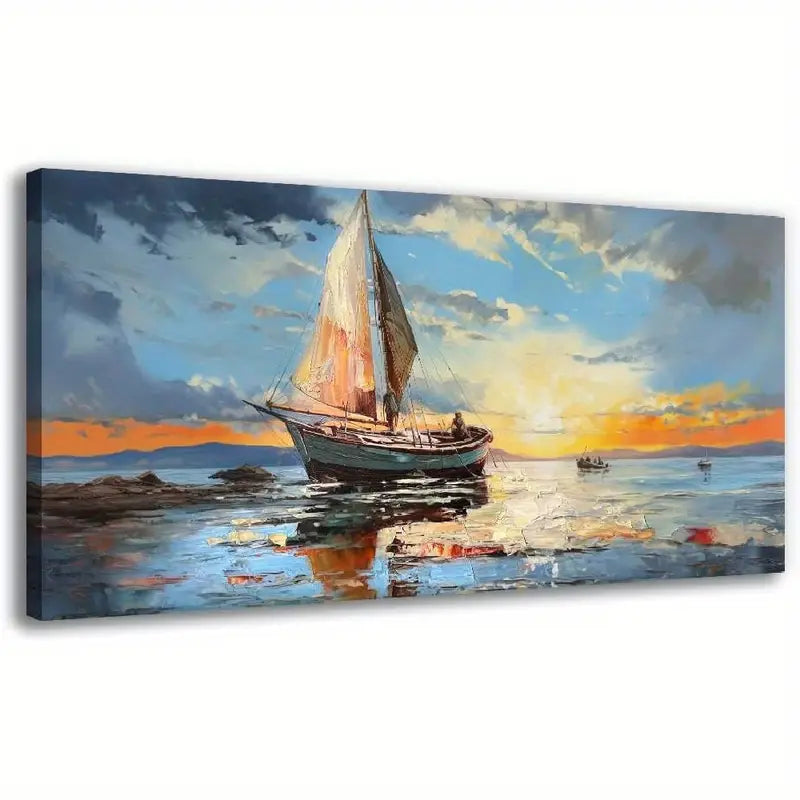 Abstract Grey & Blue Seascape Sailboat Ocean Wall Art canvas office home room framed 120x60cm
