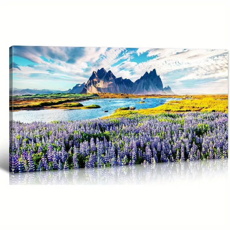 Vibrant Purple Lupine Flowers Mountain Lake Scenery Wall Art canvas office home room framed 120x60cm