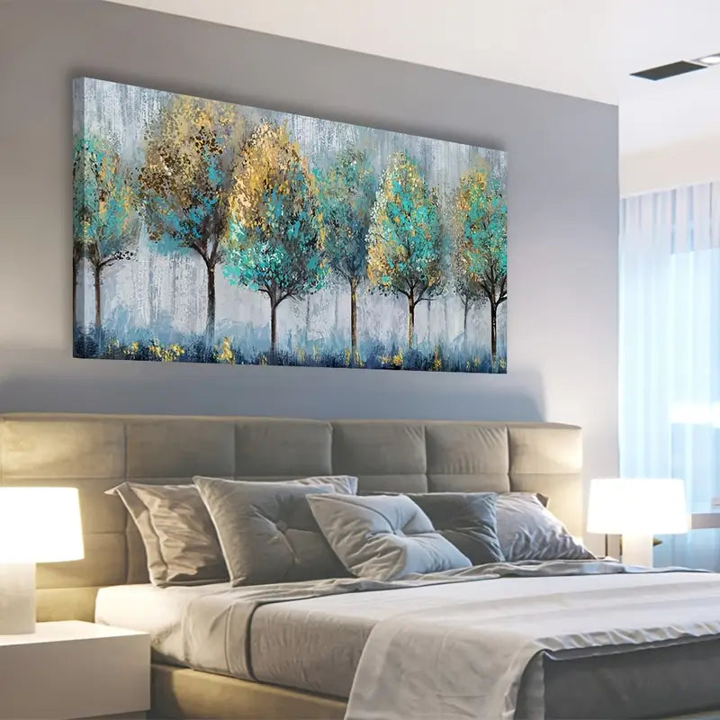 Abstract Forest Teal Yellow Trees Grey Blue Botanical Wall Art canvas office home room framed 120x60cm