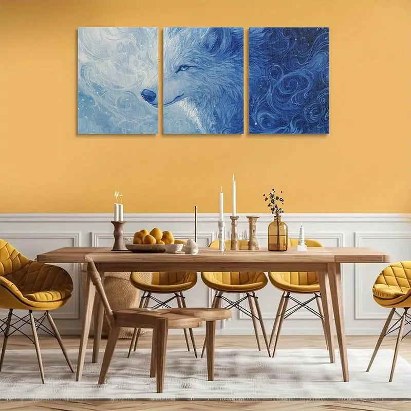 3pcs Blue and White Fur Wolf Design Elegant Metal Print Ready to Hang Art