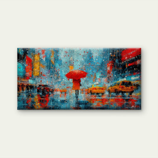 Taxi Red Umbrella Rainy Street Wall Art Canvas Office Home Room Framed 80x45cm
