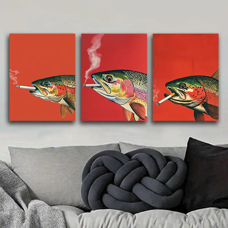 3pcs Rainbow trout smoke Metal Print Ready to Hang Art