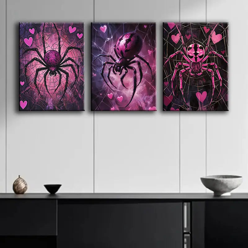 3pcs Luxurious Pink and Black Spider Metal Print Ready to Hang Art