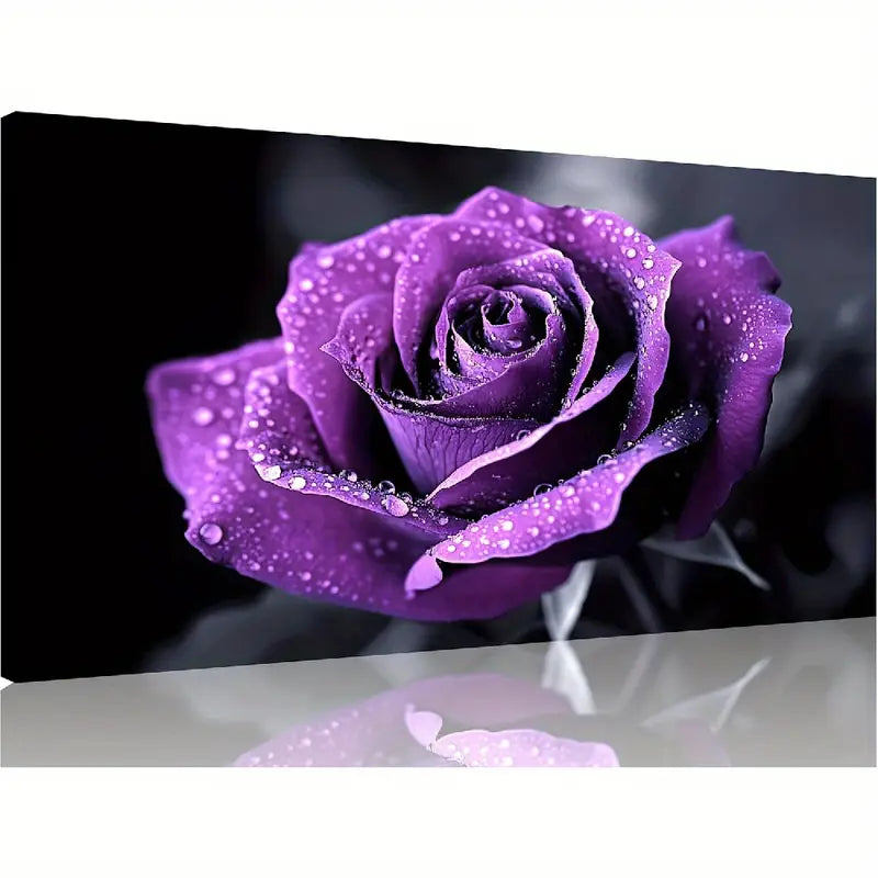 Vibrant Purple Rose Dewdrops Wall Art canvas office home room framed 120x60cm