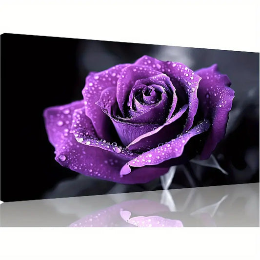Vibrant Purple Rose Dewdrops Wall Art canvas office home room framed 120x60cm