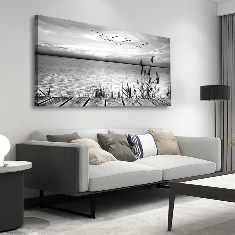 Black White Sunset Lake Flying Birds Nature Wall Art canvas office home room framed 120x60cm