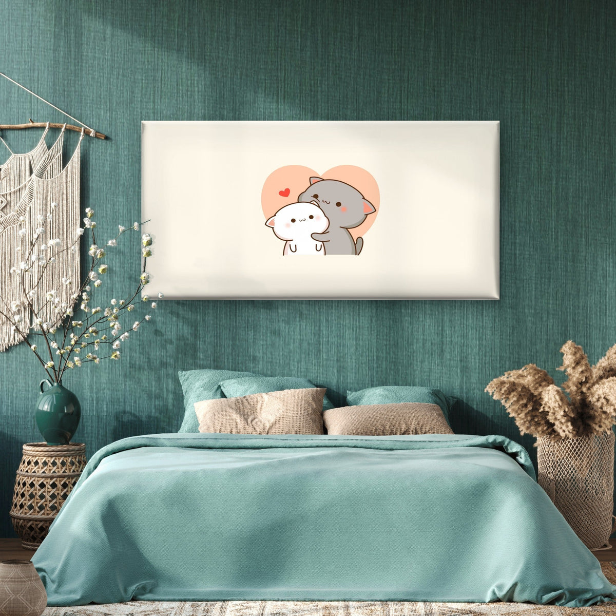 Hugging Cats Pastel Pink Heart Wall Art Canvas Office Home Room Framed 120x60cm