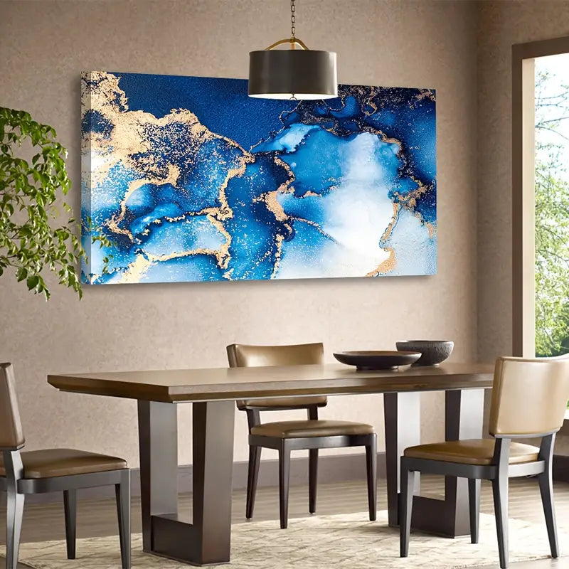 Modern Abstract Blue White Golden Ocean Wall Art canvas office home room framed 120x60cm