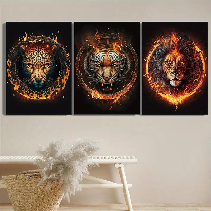 3pcs Leopard, Tiger, Lion with Fiery Flames Vibrant Animal Metal Print Ready to Hang Art