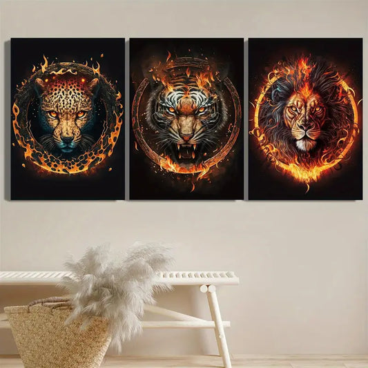 3pcs Leopard, Tiger, Lion with Fiery Flames Vibrant Animal Metal Print Ready to Hang Art