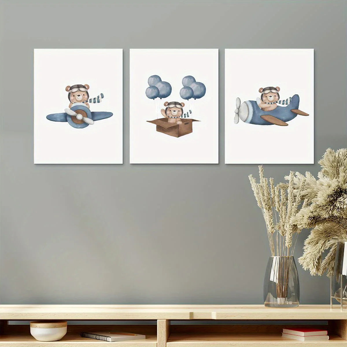 3pcs Watercolor Airplane Cute Bear Classic Design Metal Print Ready to Hang Art