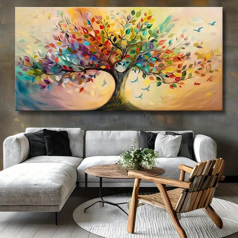 Modern Colourful Tree Birds Wall Art canvas office home room framed 120x60cm