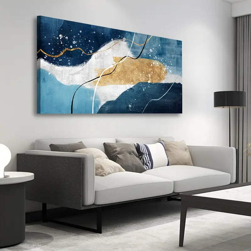 Blue Gold Abstract White Black Blue Lines Wall Art canvas office home room framed 120x60cm