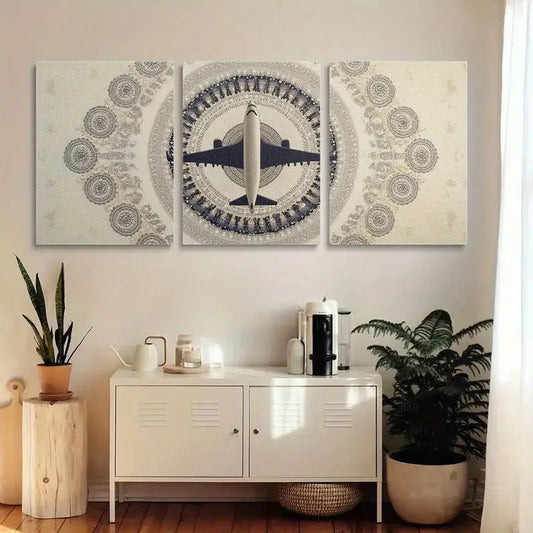 3pcs Aircraft A with an Airplane Motif in the Center Metal Print Ready to Hang Art