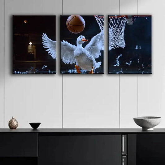3pcs Whimsical Ducks Playing Basketball Metal Print Ready to Hang Art