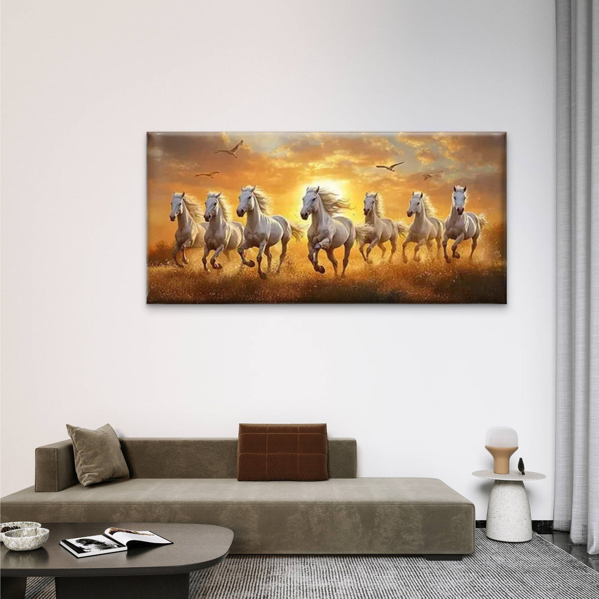 White Horses Golden Sunset wall canvas office home room framed 120x60cm