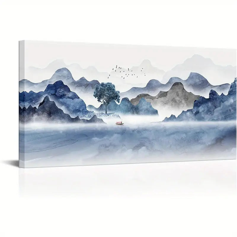 Black & Blue Mountain Lake Wall Art canvas office home room framed 120x60cm