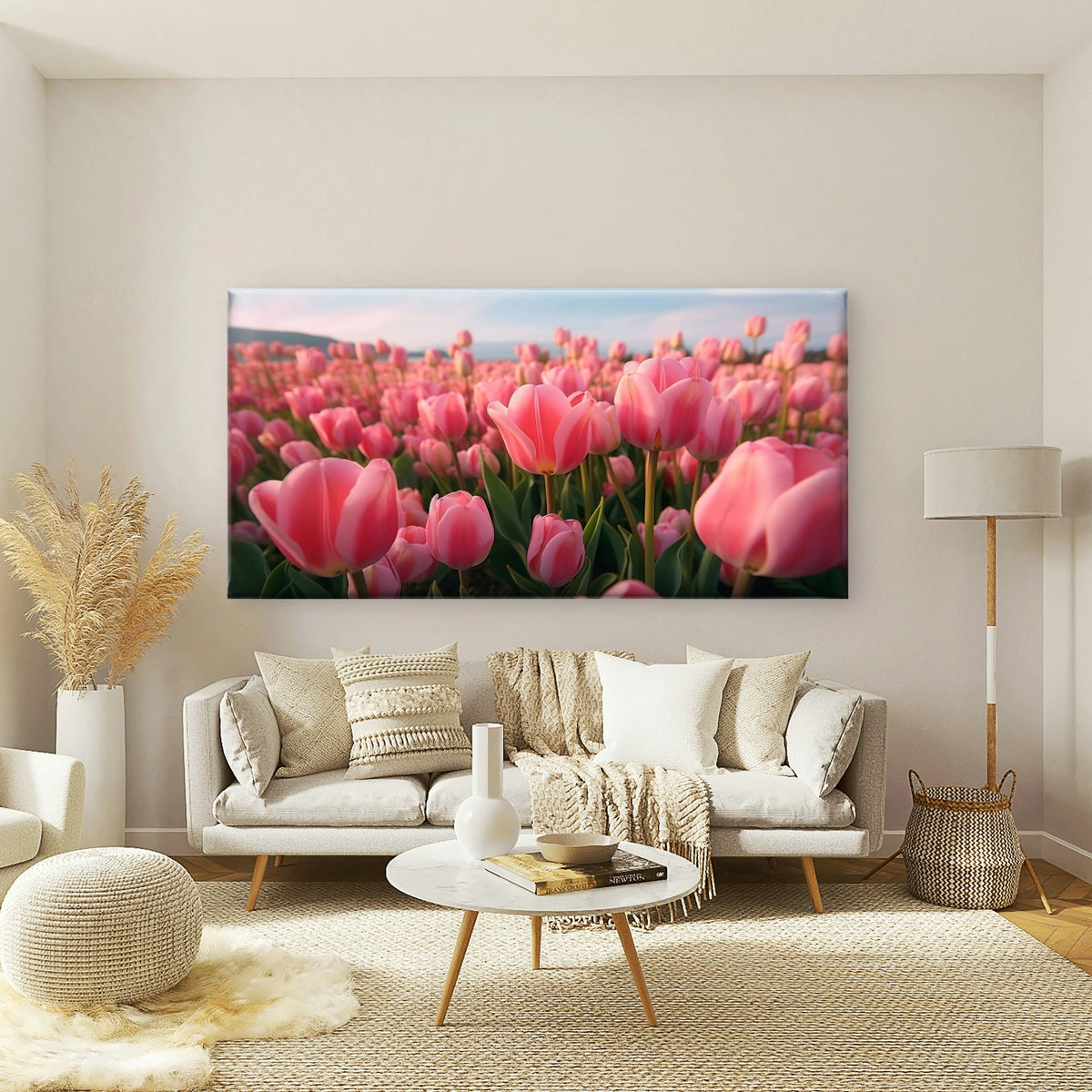 Pink Tulip Field Sunrise Wall Art Canvas Office Home Room Framed 80x45cm