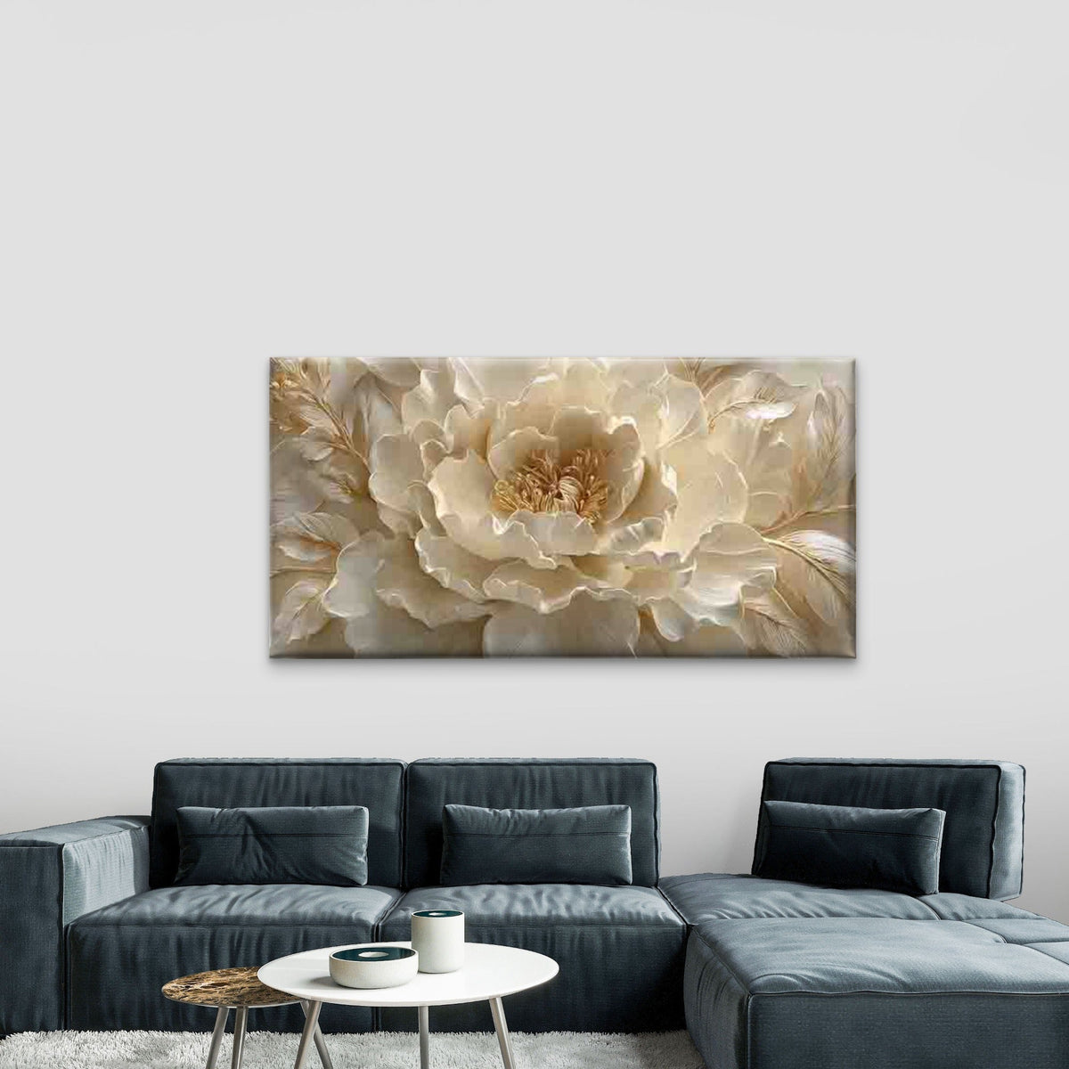 Elegant Beige Peony Blossom Wall Art Canvas Office Home Room Framed 80x45cm