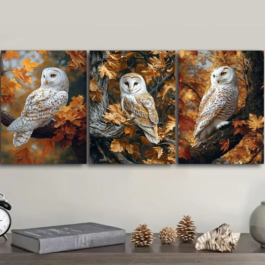 3pcs Owl on Oak Tree Metal Print Ready to Hang Art