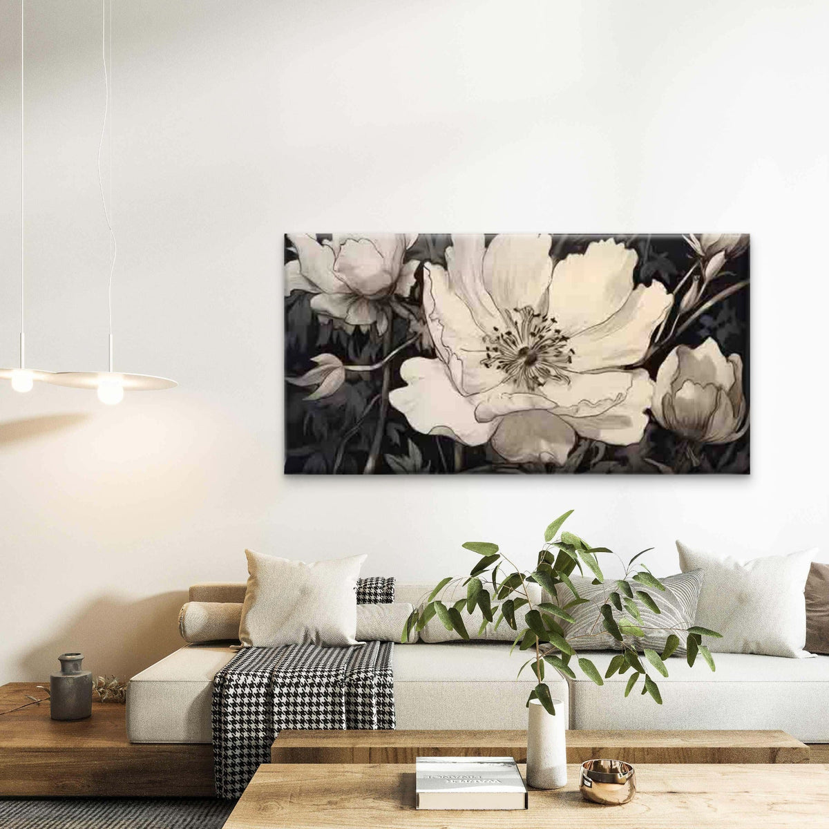 Black And White Floral Wall Art Canvas Office Home Room Framed 80x45cm