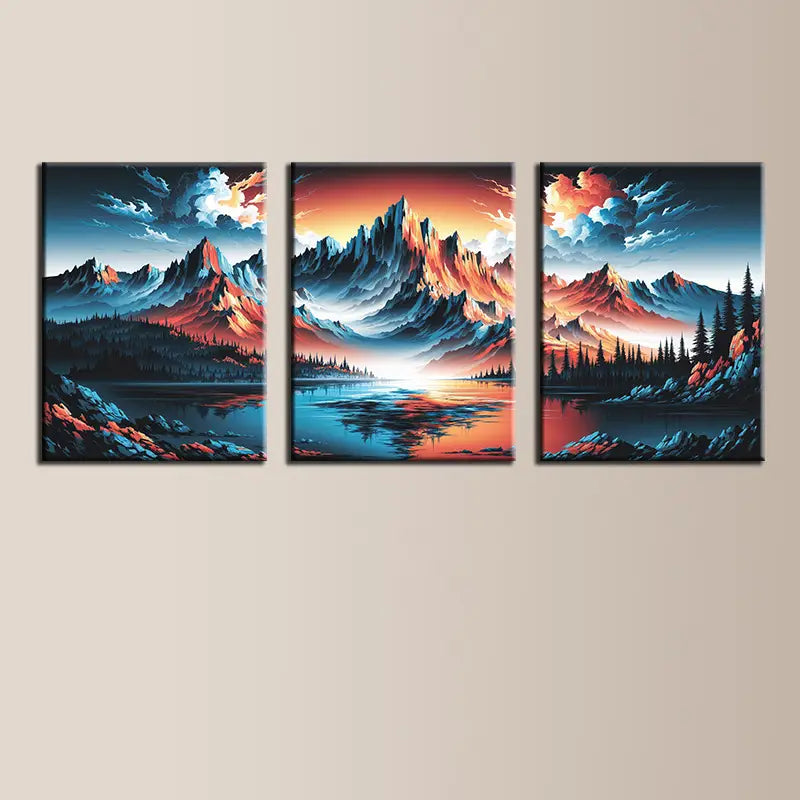 3pcs Nature-Inspired Mountain with Serene Lake & Sunset Metal Print Ready to Hang Art