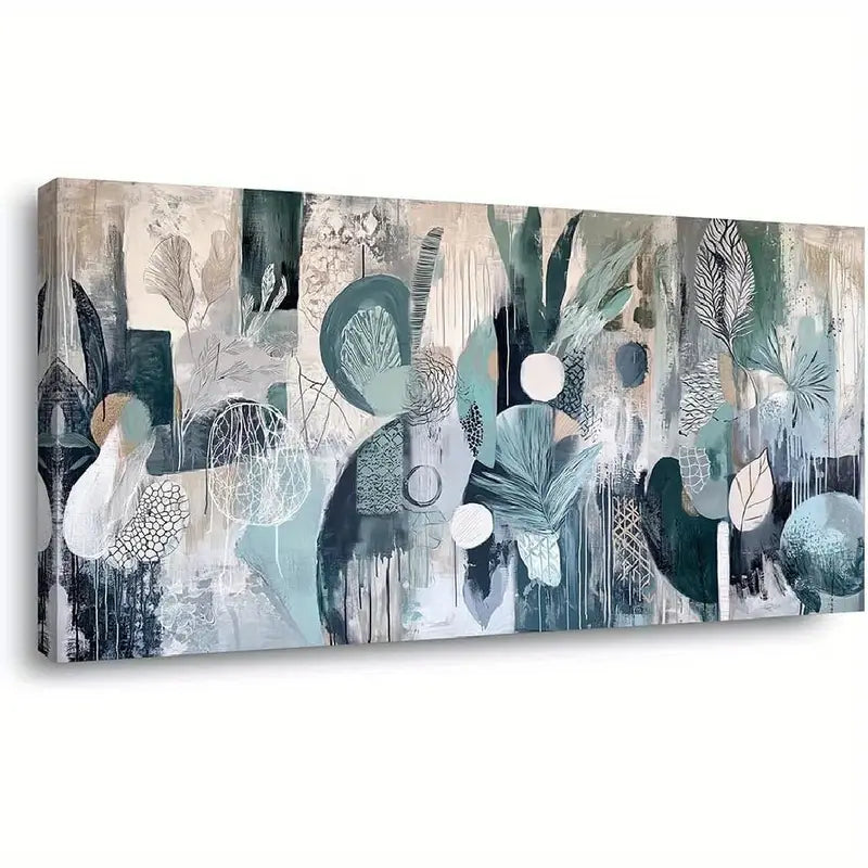 Abstract Plant Garden Green Teal Wall Art canvas office home room framed 120x60cm