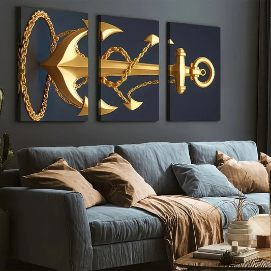 3pcs Modern Stylish Golden Anchor Art Shiny Wall Art Set Canvas Framed 40x60cm - High Quality Print 100% Australian Made Wall Canvas Ready to Hang