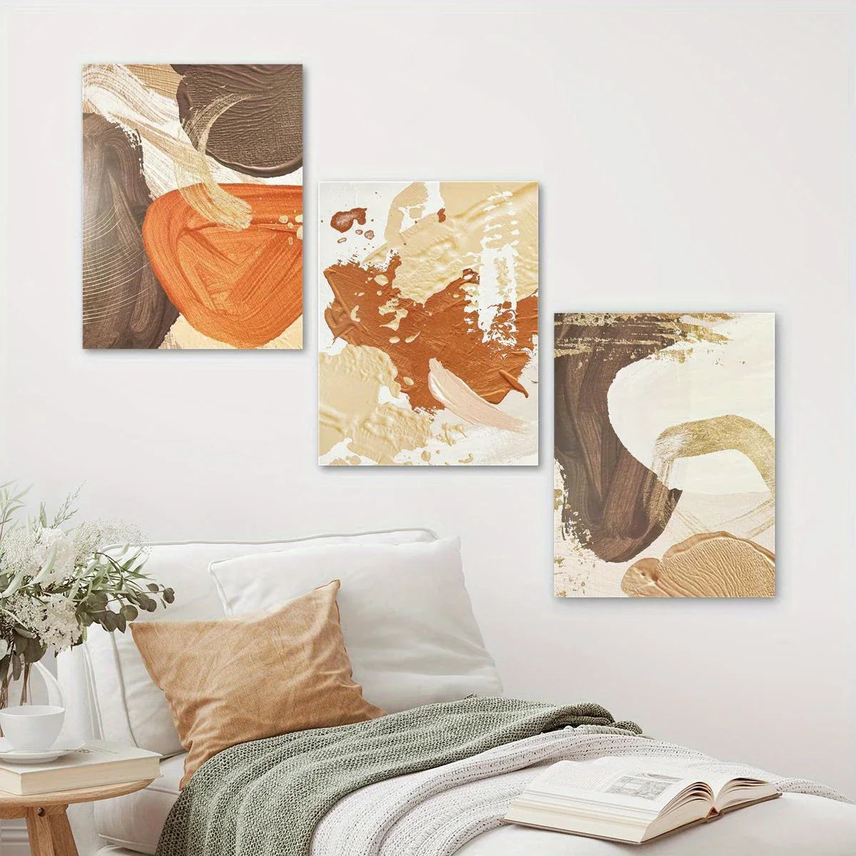 3pcs Boho Orange, Brown & Beige Textured Design Metal Print Ready to Hang Art