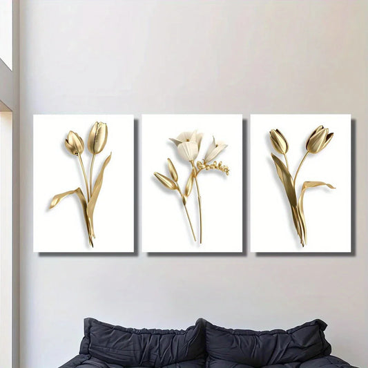 3pcs Modern Minimalist Elegant Flower Design Metal Print Ready to Hang Art