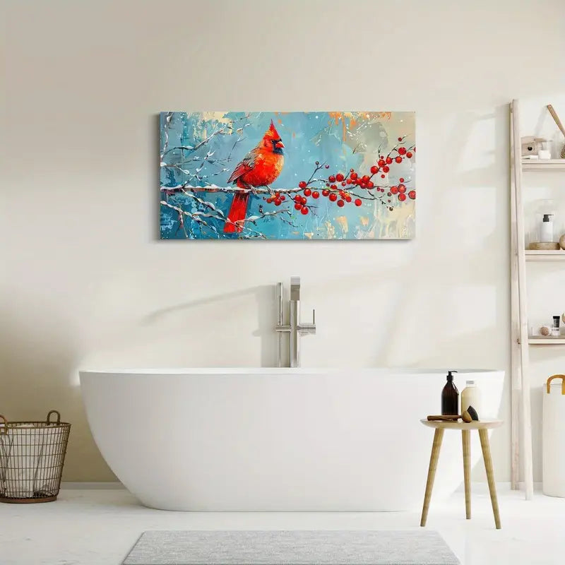Winter Cardinal & Plum Blossom Rustic Farmhouse Wall Art canvas office home room framed 120x60cm