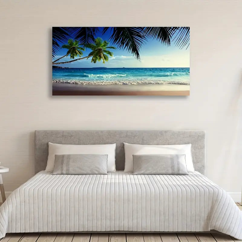 Beach Waves Palm Tree Nature Wall Art canvas office home room framed 120x60cm