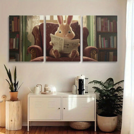 3pcs Adorable Bunny with Newspaper Classic Design Metal Print Ready to Hang Art
