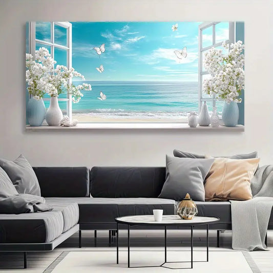 Coastal Beach Scene with Butterflies and Flowers Wall Art wall canvas office home room framed 120x60cm