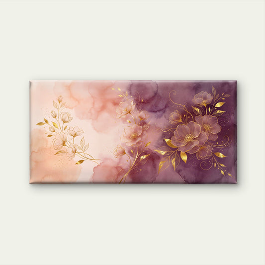Golden Floral Line Art Watercolor Blush Plum Pink Wall Art Canvas Office Home Room Framed 80x45cm