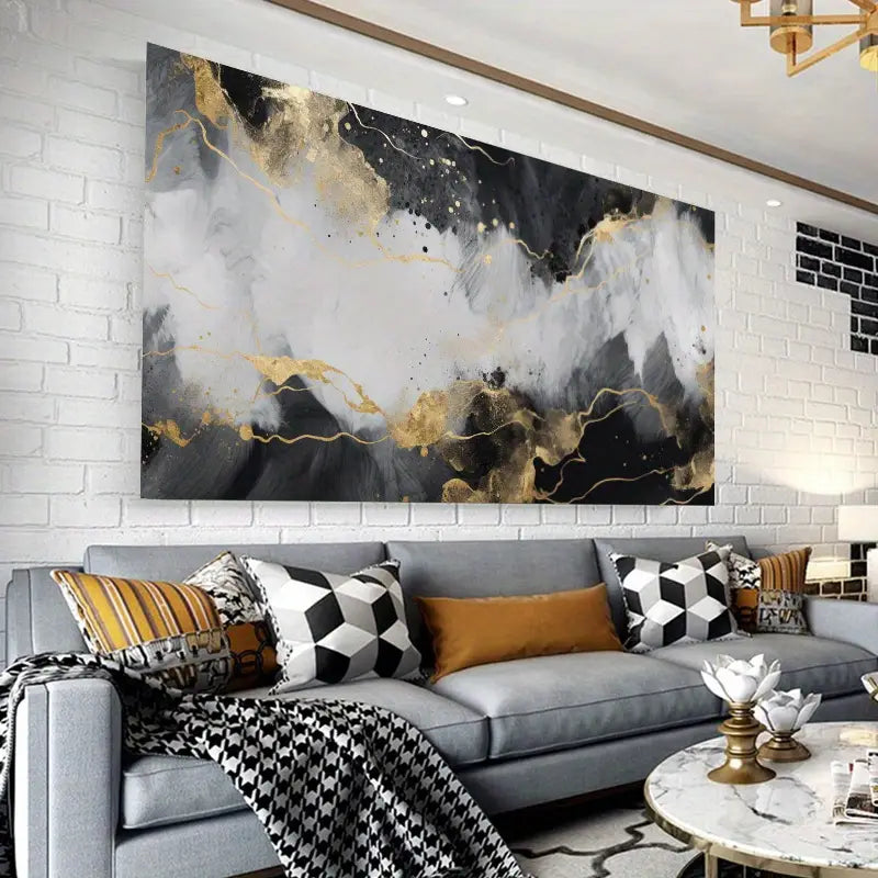 Modern Abstract Wall Art, Black, Golden & White Wall Art wall canvas office home room framed 120x60cm