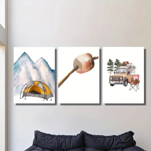 3pcs Watercolor outdoor camping print, woodland tent Metal Print Ready to Hang Art