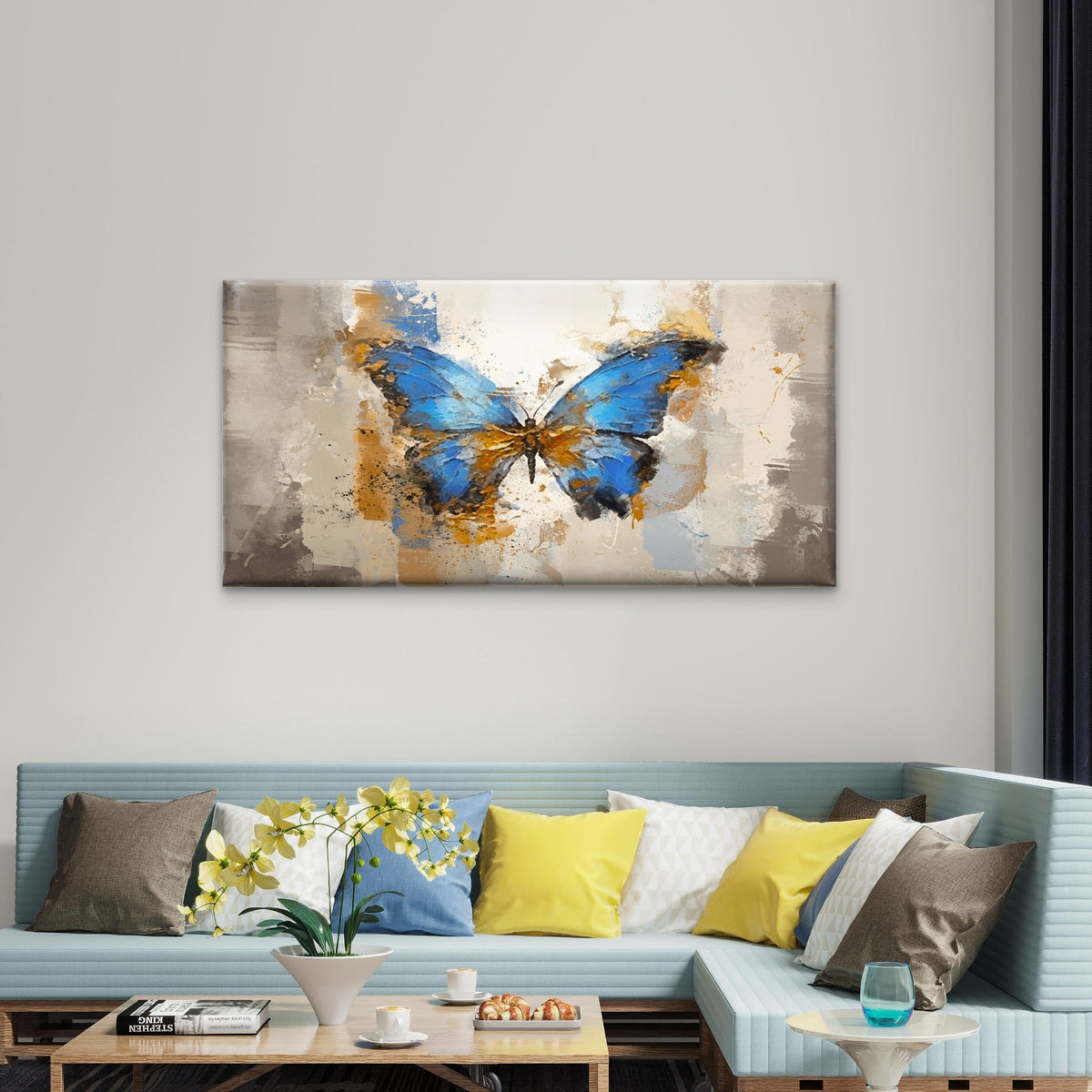 Blue Morpho Butterfly Gold Splash Wall Art Canvas Office Home Framed 80x45cm