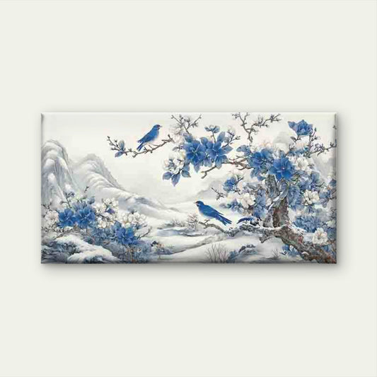 Blue Birds & Snowy Landscape Wall Art Canvas Office Home Room Framed 80x45cm