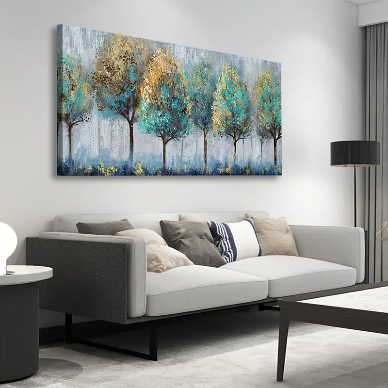 Abstract Forest Teal Yellow Trees Grey Blue Botanical Wall Art canvas office home room framed 120x60cm