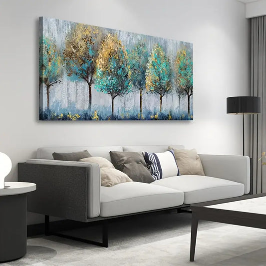 Abstract Forest Teal Yellow Trees Grey Blue Botanical Wall Art canvas office home room framed 120x60cm