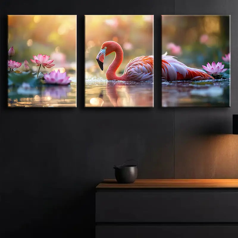 3pcs The flamingos are swimming Metal Print Ready to Hang Art