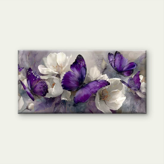Purple Butterflies & Floral Wall Art Canvas Office Home Room Framed 80x45cm