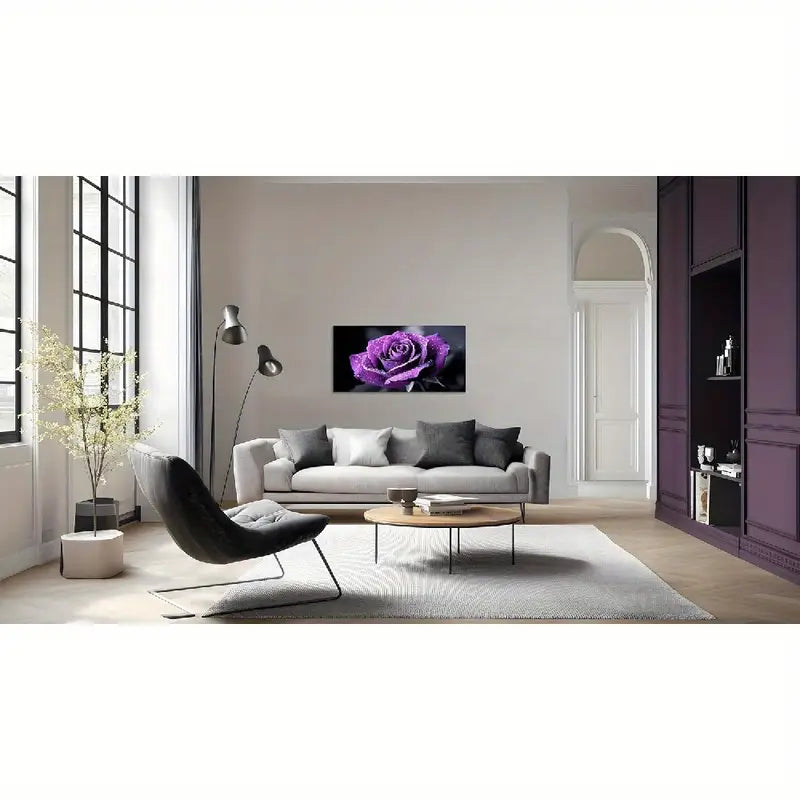 Vibrant Purple Rose Dewdrops Wall Art canvas office home room framed 120x60cm