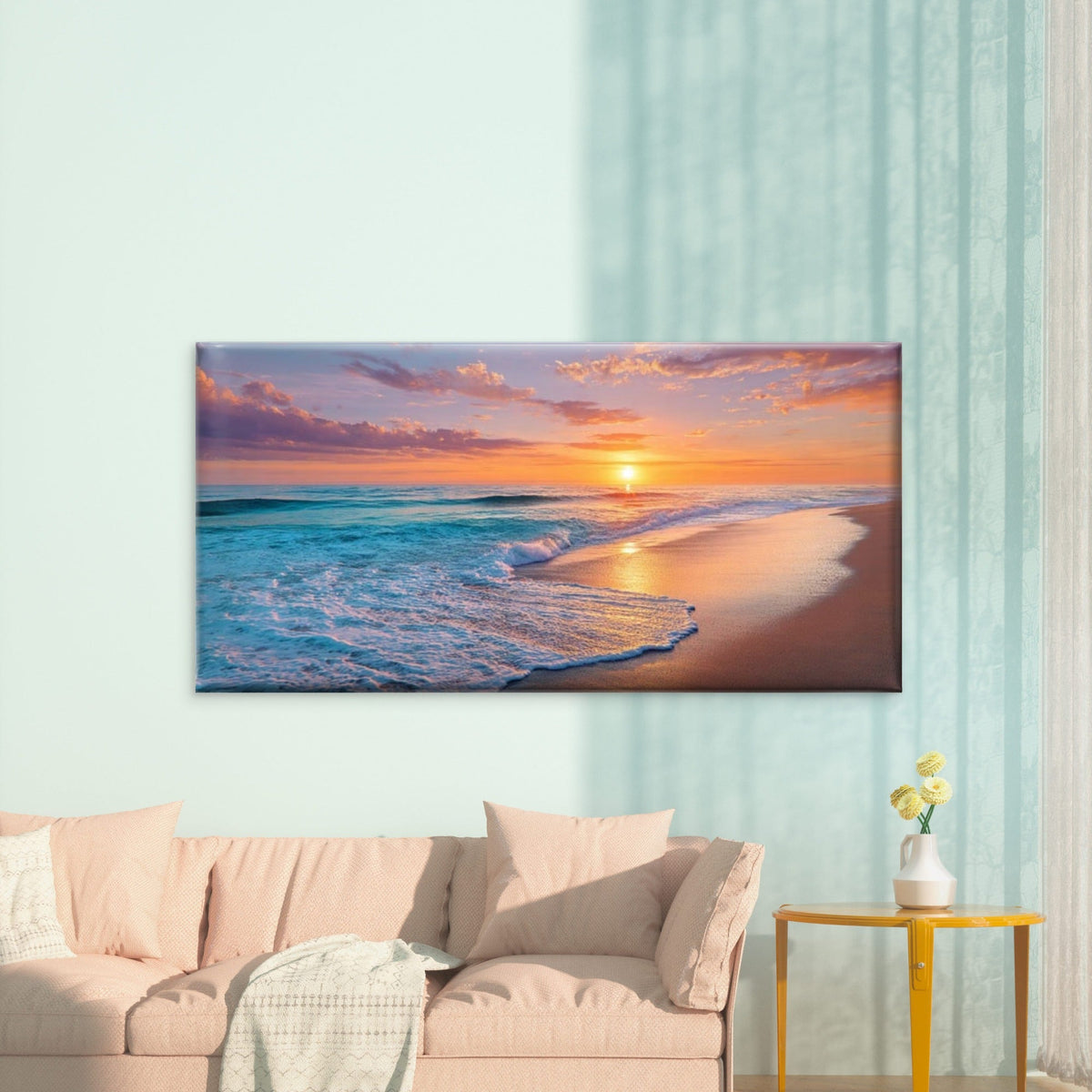 Beach Sunset Ocean Waves Office Home Room Framed 80x45cm